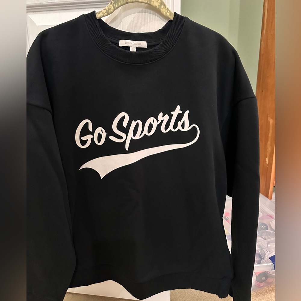 Women’s Favorite Daughter Black and White “go sports” Crewneck Sweatshirt